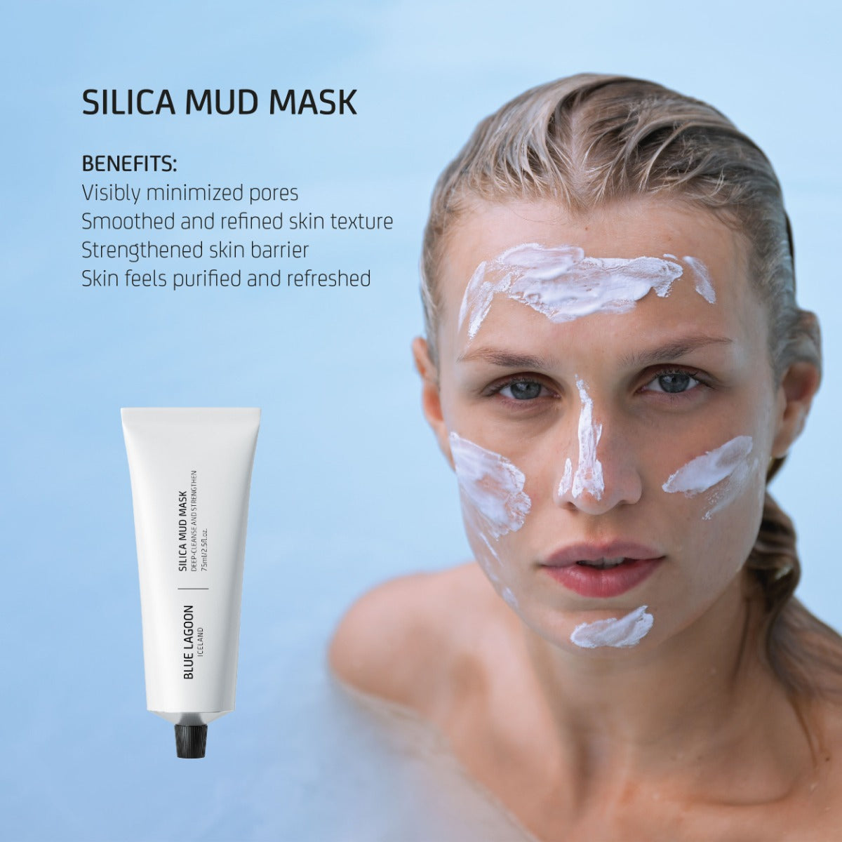 Model with Silica Mud Mask on face with benefits of Silica Mud Mask
