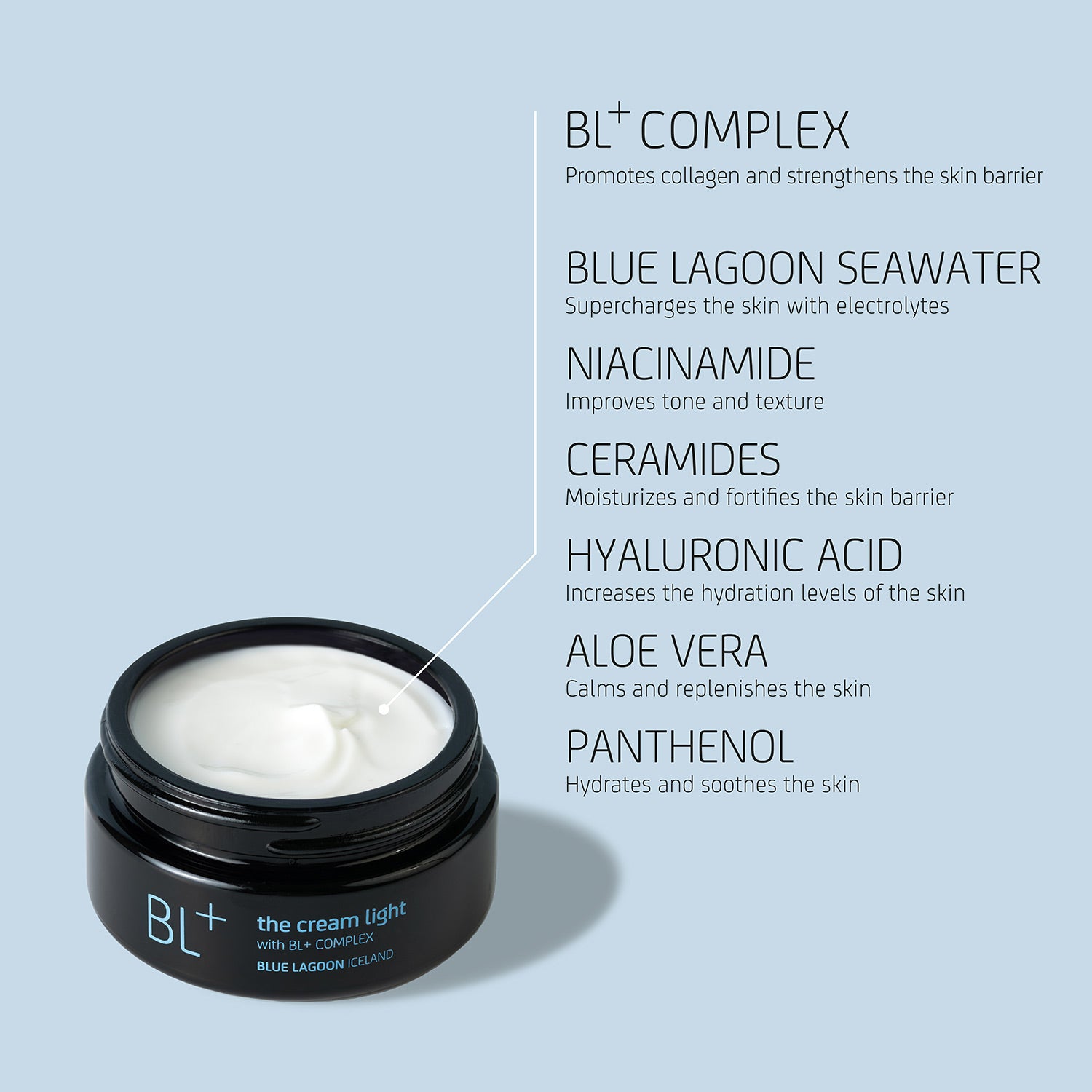 BL+ The Cream Light shown with key ingredients and formula highlights