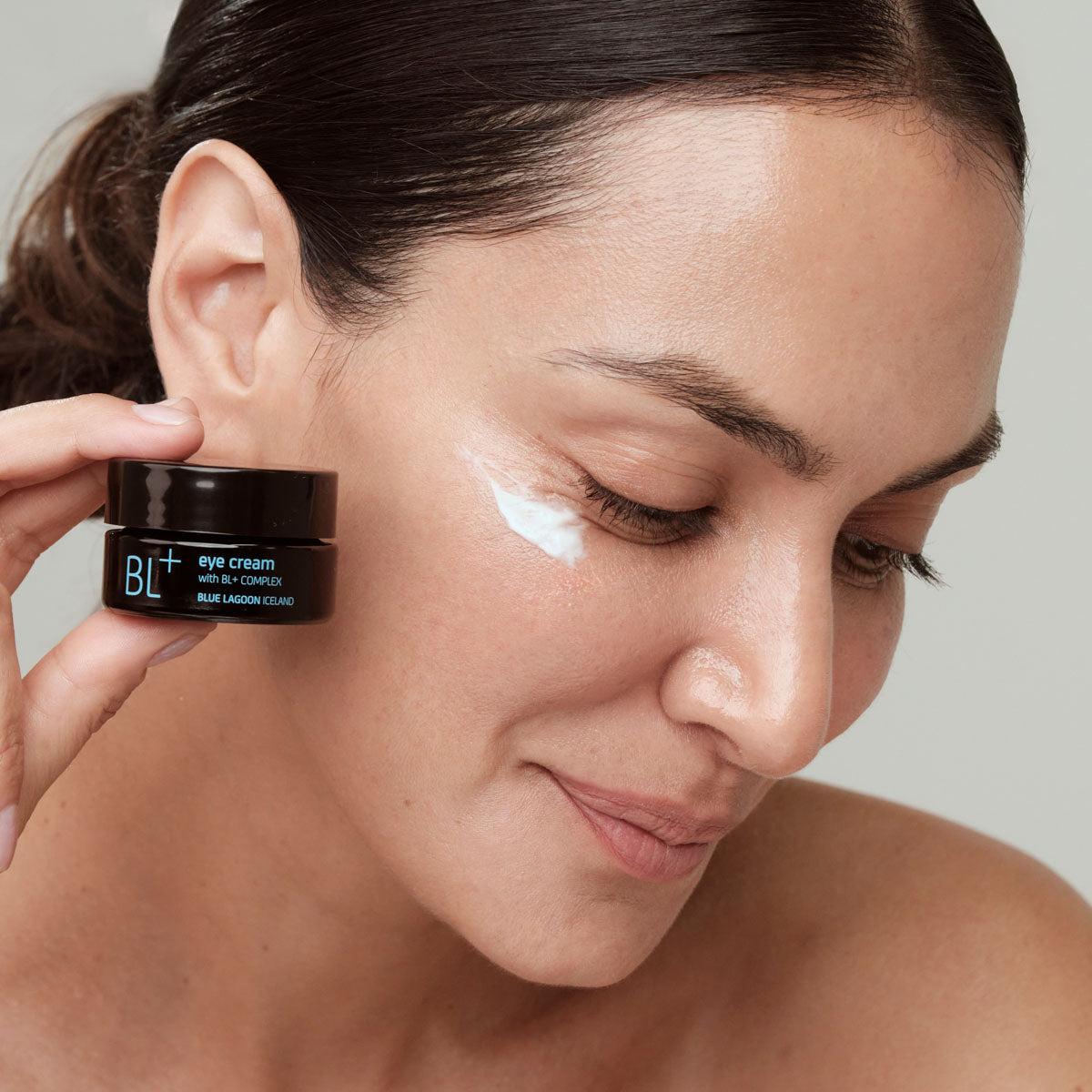 Model with BL+ Eye Cream applied to the face