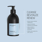 Shower Gel bottle on light blue background with cleanse, revitalize and renew benefit highlights