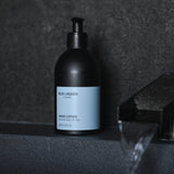 Hand lotion bottle on bathroom counter 